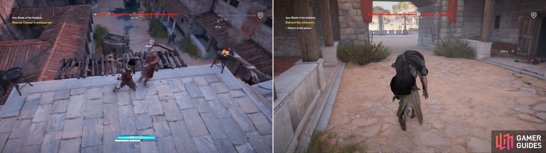 Fight your way through Ptolemy&rsquo;s men (left) then grab the Roman emissary (right).