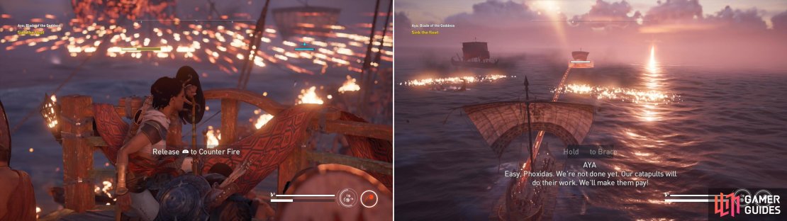 Be sure to brace against the Octareme&rsquo;s attacks to negate its heavy damage (left) and use your catapult to deal significant damage (right).