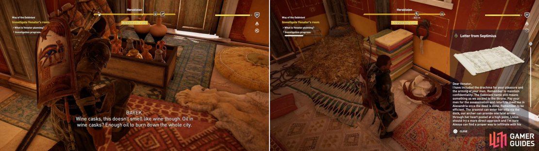 Search Venator&rsquo;s house to find clues about Venator&rsquo;s vile plot (left) then read a letter to spell it out more clearly (right).