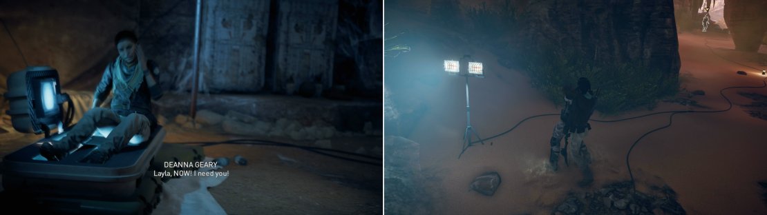 After killing the Crocodile you&rsquo;ll be pulled out of the Animus (left). Use Layla&rsquo;s newfound skills to eliminate the Abstergo squad (right).