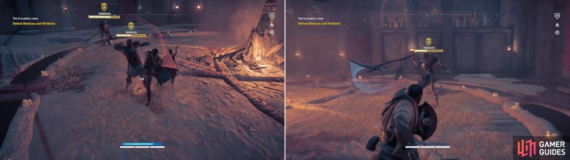Diovicos can be lured from his brother, where he&rsquo;s susceptible to hit-and-run heavy attacks (left). Viridovix is slower than his brother, but has superior attack range (right).