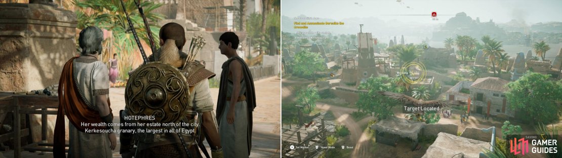 Talk to Hotephres and he&rsquo;ll put a location to the name the Gallic Brothers gave you (left). Use Senu to find your prey (right).