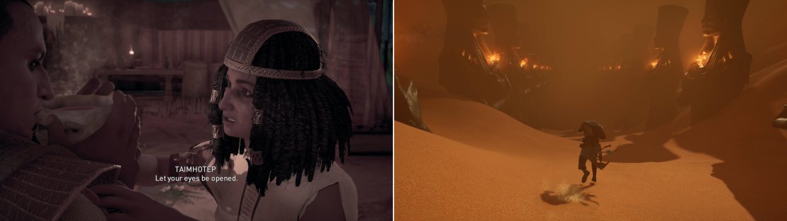 When you arrive at the seer&rsquo;s house, Taimhotep will force Bayek to drink some decoction (left). Make your way through the sands of the dreamscape and into a foreboding shrine (right).