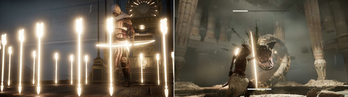 You&rsquo;ll be armed with weapons of light (left), which you must use to put down the great serpent that attacks you (right).
