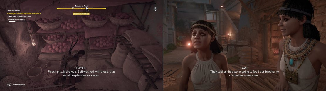 Search the store room to find the cause of the Apis Bull&rsquo;s sickness (left) then confront the priestesses responsible (right).