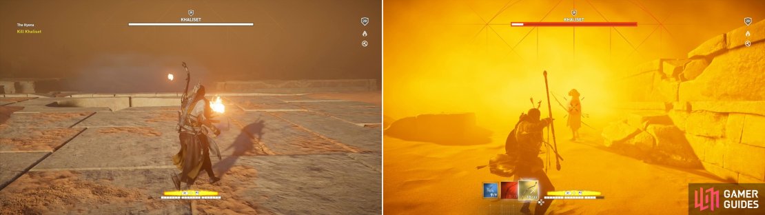 In the beginning of the fight, you can locate Khaliset by following her fire arrows (left). She&rsquo;s hard to come to grips with in melee, but archery will suffice (right).