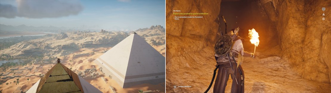 The top of the Tomb of Khufu is a fast travel point&hellip; and also a hell of a view (left). After synchronizing with the pyramid, enter the darkness of the tomb (right).