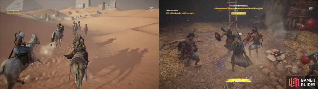Join Taharqa&rsquo;s men as they ride out for revenge (left) and slay the bandits at the Plesionhudor Hideout (right).