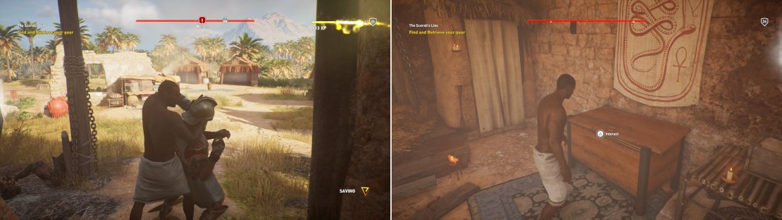 The Scarab left Bayek with only one weapon, his hidden blade - one weapon too many, as it turns out (left). Be that as it may, versatility won&rsquo;t hurt. Kill the guards and recover your gear (right).