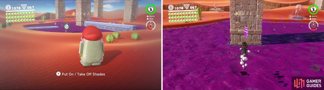 The Moe-Eye&rsquo;s ability to see hidden pathways (left) will make it easier to collect purple coins and moons on the island (right).