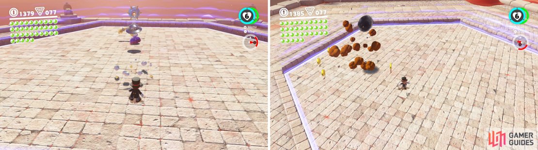 Not only can you toss back the bombs on the ground (left), but even the ones when she&rsquo;s in the air (right).