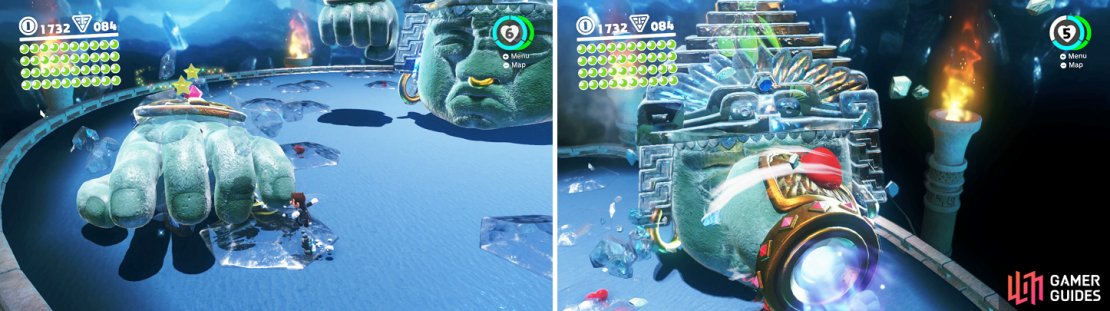 Stun a hand by having it slam into ice on the ground (left), then capture and personally deliver it to Knucklotec&rsquo;s face (right).