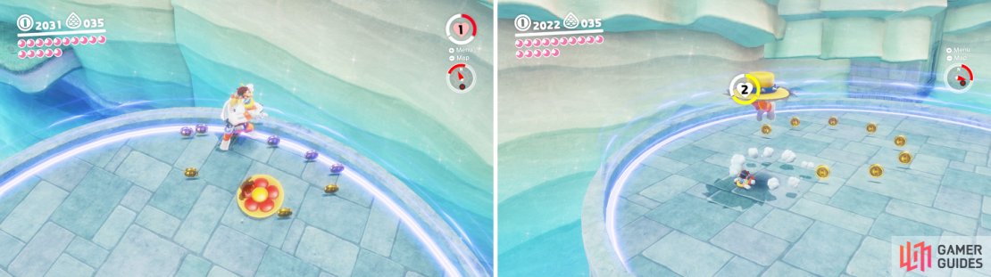 After hitting his hat, you can use it to bounce on Rango&rsquo;s head (left). Keep moving to avoid Rango&rsquo;s bouncing (right).