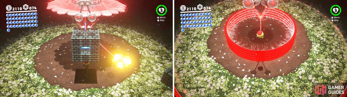 Make sure you hit the middle of the blocks to destroy them (left). You&rsquo;ll need to &ldquo;jump&rdquo; with the Uproot to clear the shockwave rings the boss sends out (right).