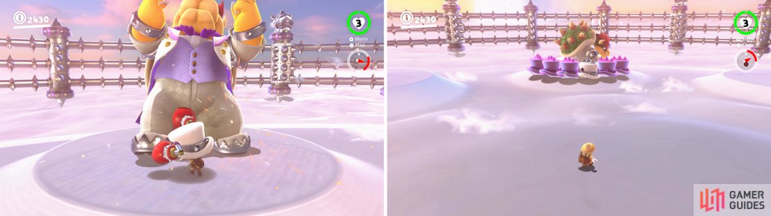 Once you put on Bowser&rsquo;s hat, you will need to punch him with it (left). Watch out for the fake hats that Bowser tosses out with the real one (right).