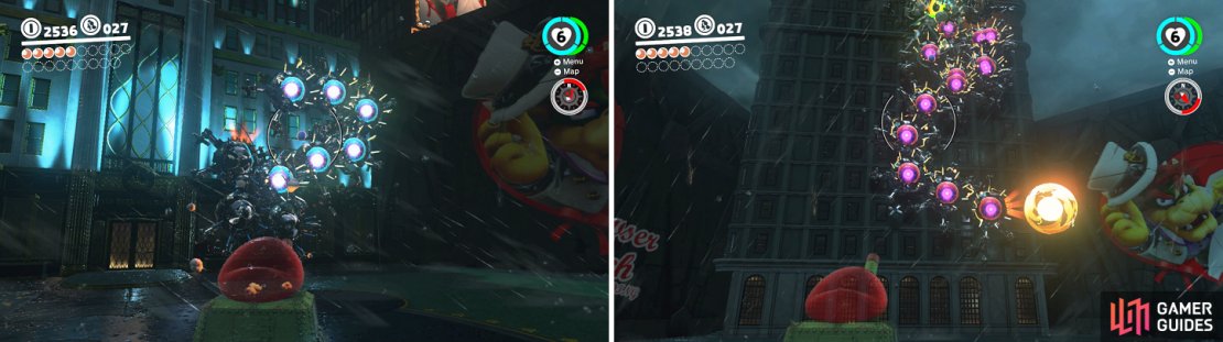 You have to hit all of the balls on the back to be able to deal damage (left). Be on the lookout for Mechwiggler&rsquo;s projectiles (right).
