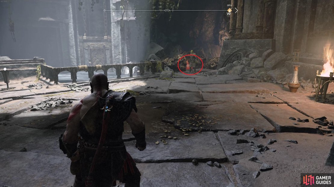 Destroy the bomb in the corner to open the path to the last Dragon statue.
