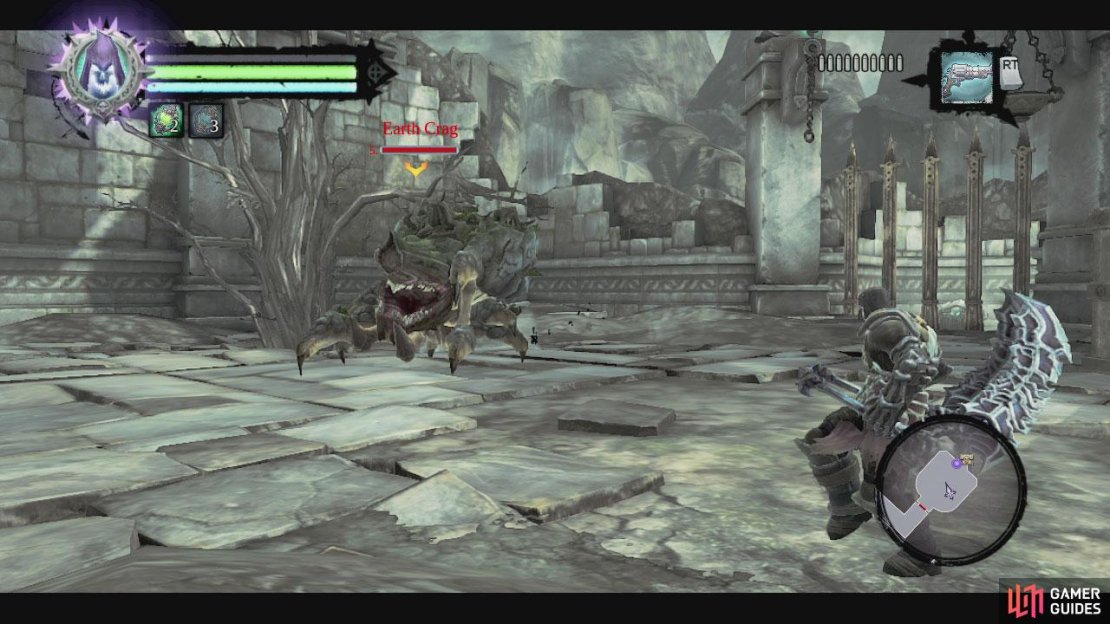 Let&rsquo;s check out the room around to the right first. Head in here and you will have to fight off a group of stingers and prowlers. Once they are all dead an earth crag will appear. These things kind of remind me of the crystal spiders from the Iron Canopy in the original Darksiders.
