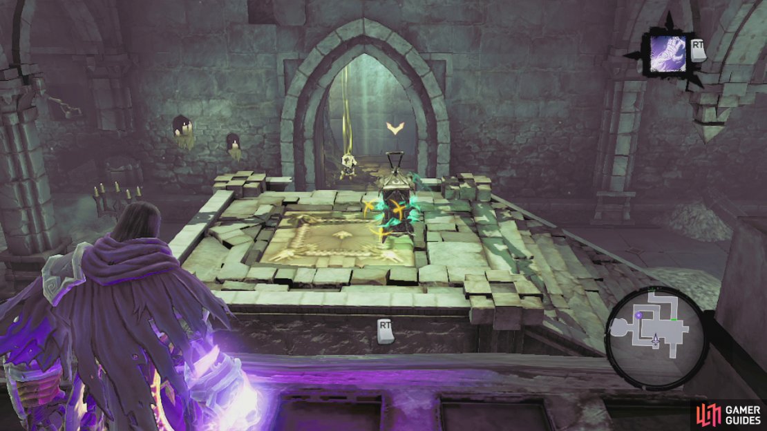 As you exit the room you will be ambushed by a swarm of scarabs. Destroy them all and the gate will be unsealed and you can backtrack to the main area. When you reach the laser statue again, check out the hallway to its right. Open the door at the end and look on the roof in the alcove you your left here for a crystal we can shoot for a Stone of Power, also in the alcove on the left hand wall is a Soul Arbiter&rsquo;s Scroll we can look at.  Once you have those, continue to the end of the hallway for a chest containing the dungeon map. Continue up the wall in the main room and use the lever at the top of the area for a quick scene. You&rsquo;ll be back on the arena floor! Walk over to the statue head on the North side of the arena and use death grip on the ring here for a scene.