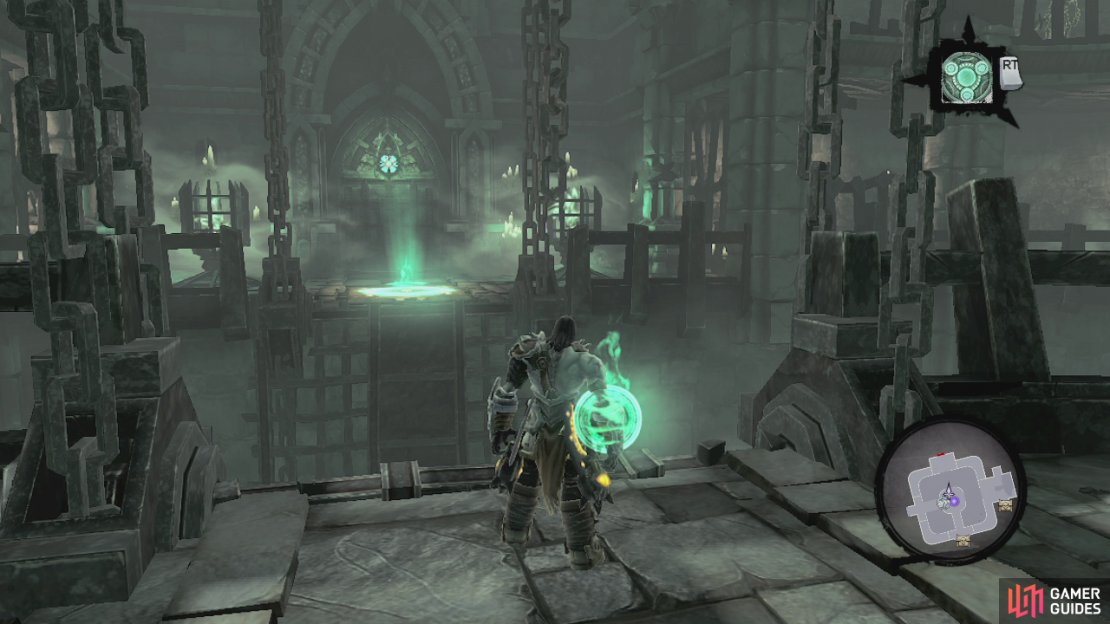 After the scene, the door on the right side of the room will unlock, so head on through. Continue across the bridge and into the hallway beyond. As you enter you will meet a new enemy - the lich. These floating bad guys can be quite a handful and will continuously summon skeletons to attack you. If you get too close to the lich, he will also do a nasty ground slam attack. Try to focus on the lich as much as you can and only really killing the skeletons when they get in your way (he will just replace them if you keep killing them). Once the lich is dead, head through the next door.  At the end of the corridor, use the summoning circle and head through the door nearby. Use your Dead Lord buddy to activate the switch across the gap directly in front of you. Cross the bridge that rises into the centre platform. Here you will notice one of those lantern statues in the centre, but he has no lantern. Head to the south of this platform and use the dead lord to activate the pressure plate across the gap.  The bridge will only rise half way, so switch to your death grip and use it on the dead lord to pull yourself across the rest of the way. Look in the right hand corner for a chest containing the dungeon map and grab the lantern off the ledge using death grip. Look to the left of where the lantern was to find a small hole in the wall with a bomb plant. Use this to destroy the crystals and this will raise the other side of the bridge. Grab the lantern and return to the centre of theroom.  Give the statue the lantern. Rotate it once to the left to open the gate for a chest. Grab the chest and then head back to the middle area and rotate the statue 180 degrees. Now get the dead lord to use the pressure plate across the gap to the north. Enter the door here and go through the door at the end of the next hallway to enter a circular room.  Drop down into the water here and across the opposite side of the room beneath a platform&rsquo;s supports you will find a Relic of Khagoth. Return to the entrance and use the nearby block to start up a platforming section, follow the blocks handholds and death grip chains to reach the top of the room. Run over to the cage here and use the action button to collect your first soul. Kill the lich and the pair of skeletal champions that appear.  Afterwards, Look at your map and drop down to the platform with the chest on it below. Fall down the rest of the way and back track to the judicator.