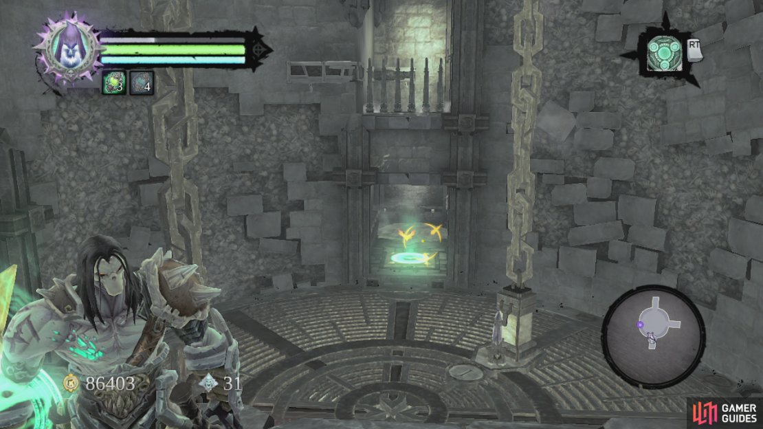 After a quick chat, the Judicator will now open the final door for you. Move over to the South and through to the next area. Wallrun across to the other side of the gap and go through the door. Use the summoning circle there for Dead Lord backup before heading into the circular room ahead. Kill the undead general that attacks you at this point.  After the fight, you will notice you are in a lift similar to the one we encountered in the Phariseer&rsquo;s Tomb. Hit the crystal indicating level 2 and it will raise, but it will stop short, and you will see it has been blocked by yellow crystals. At this point look around to see two pressure pads, one in an alcove to the East and another on a passage to the West. Send your Dead Lord to stand on the stitch on the west side of the room. Enter the East passage and climb up to the platform above. At the top, use the handholds to the right to wallrun around the length of the room to the balcony opposite.  From here you will be able to see the pressure plate on the Eastern side of the room. Send the dead lord over to sit on it. Use the handhold to your right to move around the corner and climb up a couple of blocks to reach a handhold above. Wallrun to the right until you reach the platform with the bomb plant. Grab this and sent it down to destroy the yellow crystals blocking the life below. This will bring the lift up to your level.  Go through the door to the south. Check out the pool in front of you for a Boatman&rsquo;s coin and continue up the nearby stairs. Use death grip to climb up to the platform here and grab the final soul from the cage. Attempt to leave the room to initiate a boss battle.