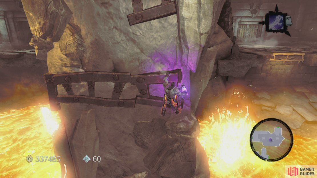 Climb the stairs here and use the death grip rings to swing to the opposite side. Wall run off the left wall here, around the corner and use the death grip ring at the end of the wall run to access the platform above at the end. Grab the chest for a skeleton key and the Boatman&rsquo;s Coin here. Turn around and wall run along the left hand wall to reach some handholds and follow these to the end to land on a platform containing a Book of the Dead page. Return to the platform that had the chest with the skeleton key and jump from here down onto the golem&rsquo;s chain below. Return across to the golem.  Enter the hallway we used the golem to clear earlier of yellow crystals and enter the door. Death grip across the gap and enter the door directly in front of you. Kill the tainted constructs that attack. Check out the eastern side of the platform you are on and wall run along the southern wall to reach a platform on the other side of the lava pit. Round the corner and use the skeleton key to unlock the door here and enter.