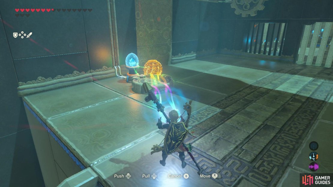 Use the ball to power the cog to open the door to the right.