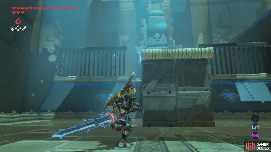 Once you&rsquo;ve grabbed all the treasure, break the wooden crates beneath the bridge to create a ramp up to the shrine&rsquo;s ending. 
