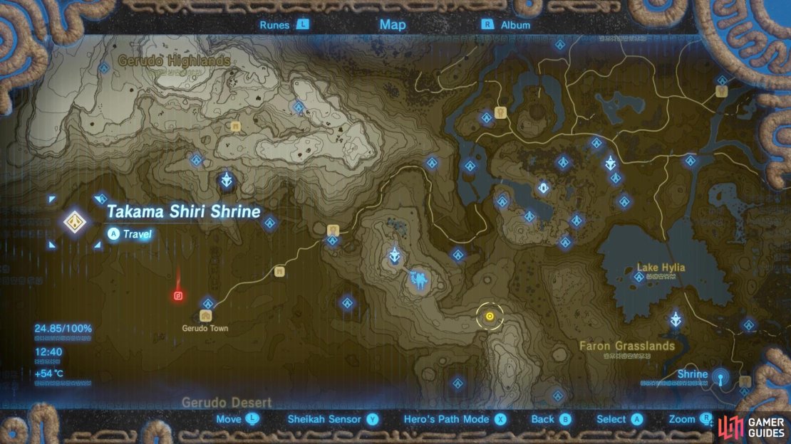 Once you&rsquo;ve completed the trial, you&rsquo;ll find Takama Shiri Shrine northwest of Gerudo Town. The red marker is indicative of where the first ring is found.