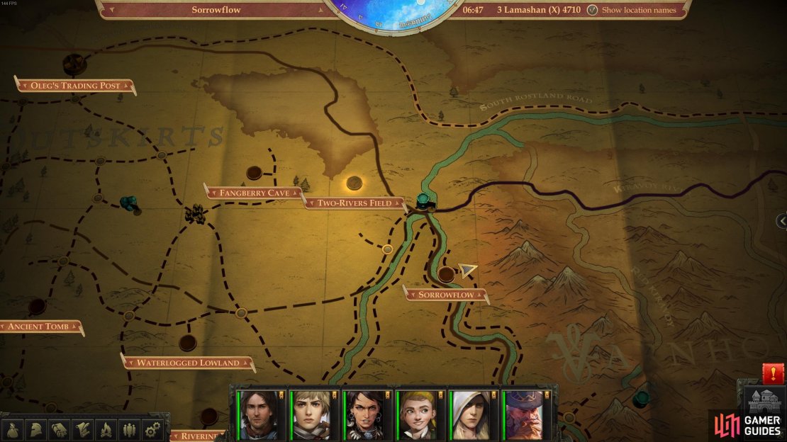 The location of Sorrowflow (centre right) in relation to Oleg&rsquo;s Trading Post (top left).