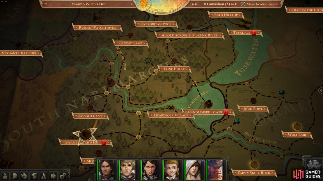 The location of Swamp Witch&rsquo;s Hut (bottom left) in relation to your capital (top right).