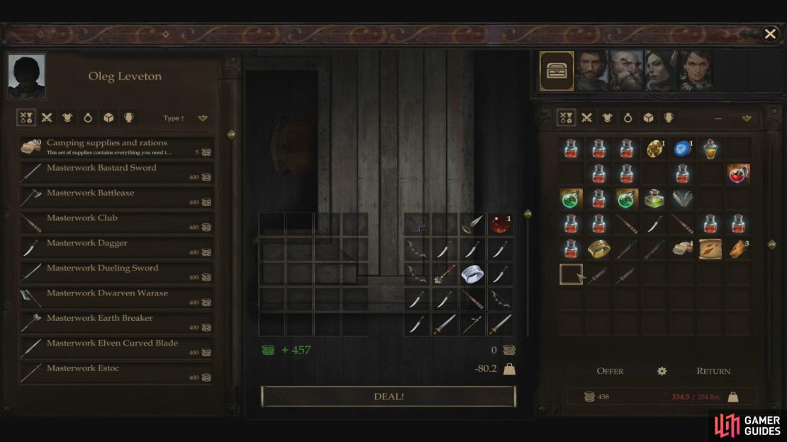 Sell off accumulated items you don&rsquo;t plan to use, but be wary - they only sell for 1/4 of their listed value. Weapons are generally better items to haul about than armor, for selling purposes