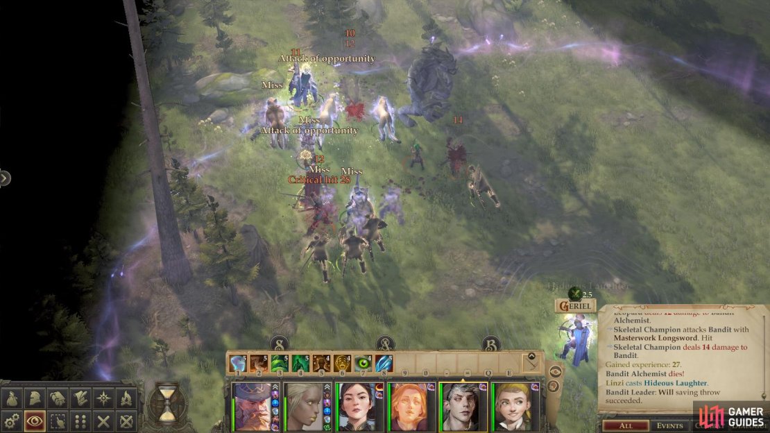 Buff considerably and engage the bandits - distract their leader with a hardy unit or debilitate him with magic and exterminate his underlings.
