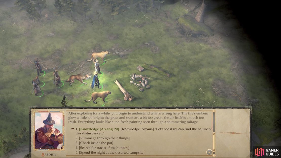 Search the campsite for clues to the hunters whereabouts