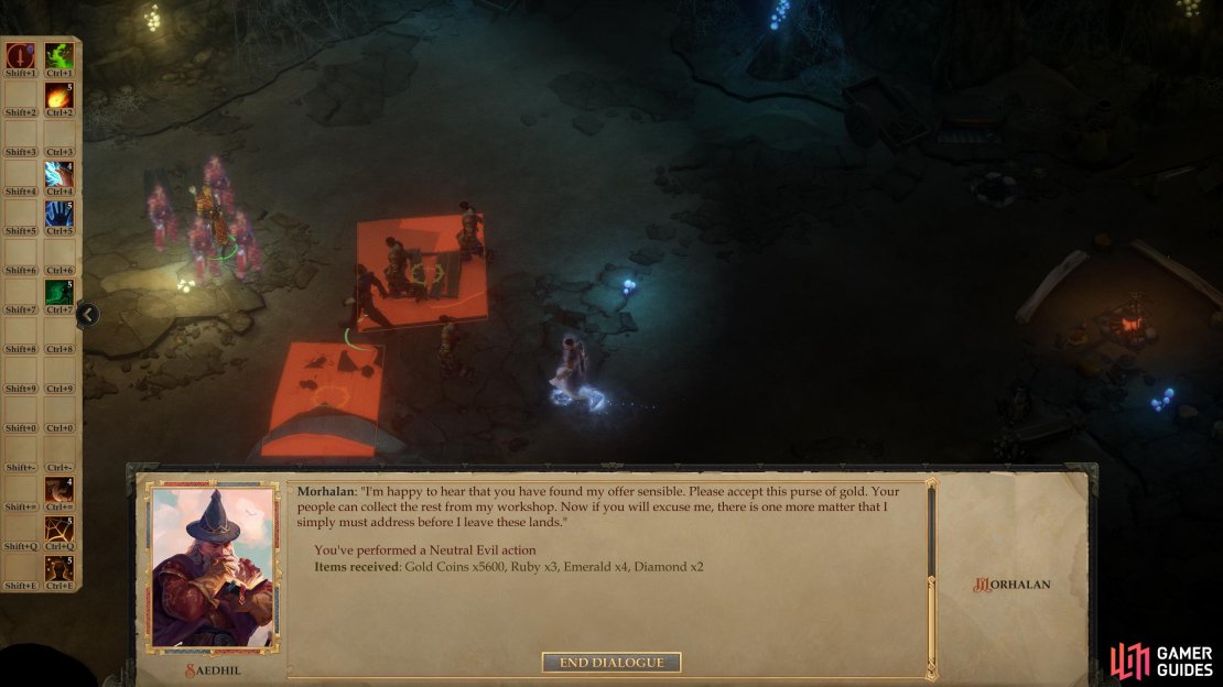 Morhalan will try to bribe his way out of trouble, and while the compensation is lucrative, accepting will fail the quest.