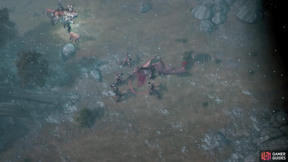 Watch as the Embeth Travelers surround and subdue a wyvern,