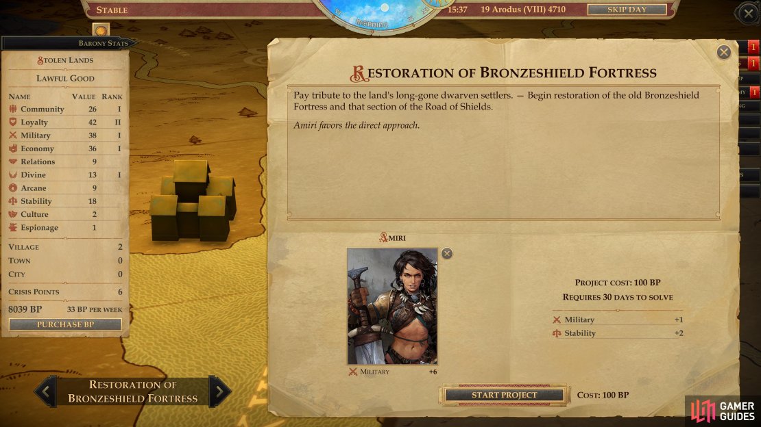 Securing the Southern Narlmarches by completing the &ldquo;Restoration of Bronzeshield Fortress&rdquo; project will appease the artisans there.