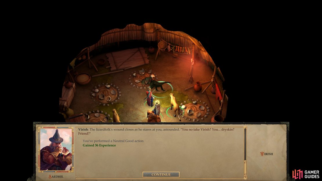 While exploring the Lizardfolk Village, you can heal the injured Virish,