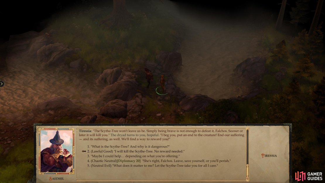 Talk to Tiressia to start the quest &ldquo;Gnarled Branches&rdquo;.