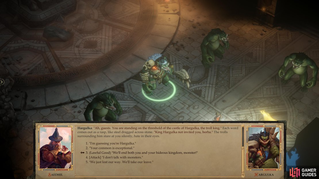 When you enter the Troll Lair, you’ll be met by Hargulka, who has no time for diplomacy.