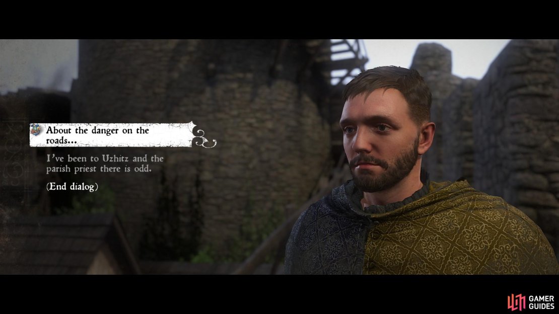 Select &lsquo;About the danger on the roads&hellip;&rsquo; to begin the quest line.