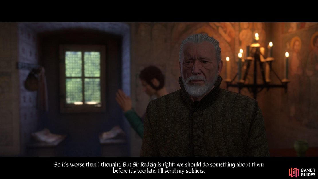 Request aid from Sir Divish and offer to lead his men to the bandit camp when you are ready to go.
