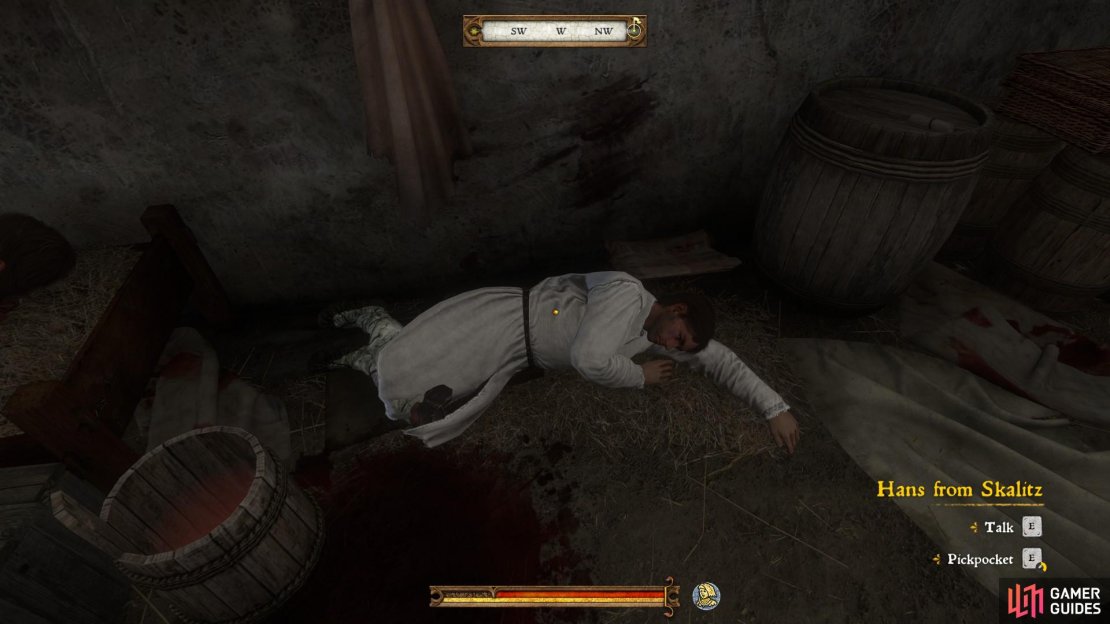 You can find Hans lying on the floor in the corner. Provide him with bandages and see to it that they are applied properly.