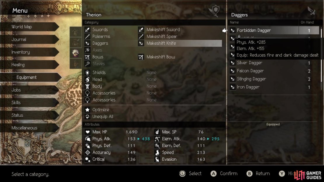The Forbidden Dagger is great on Therion, as he&rsquo;s probably not going to be using any elemental attacks
