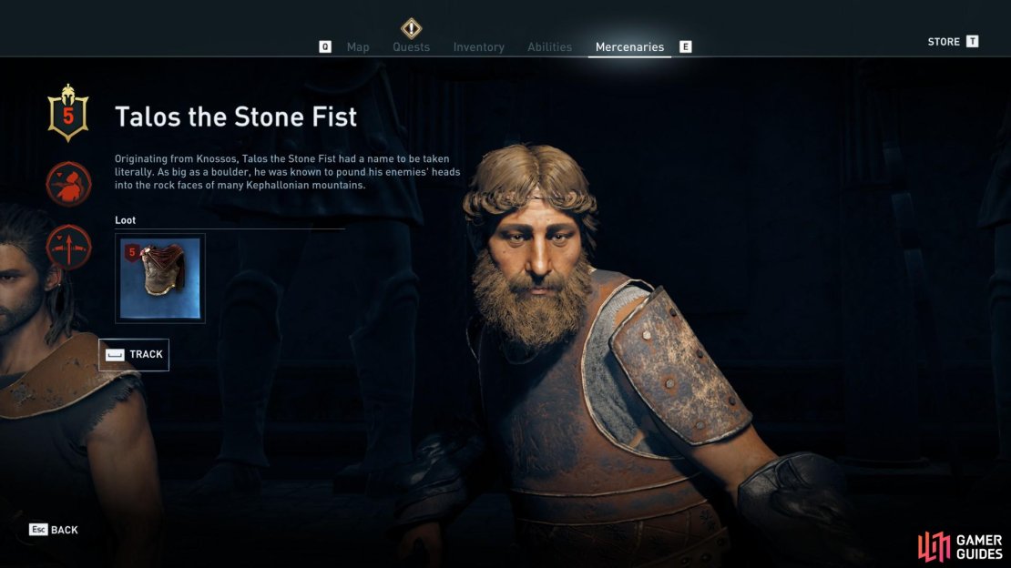 Enter the &lsquo;Mercenaries&rsquo; menu to inspect Talos and track him. 