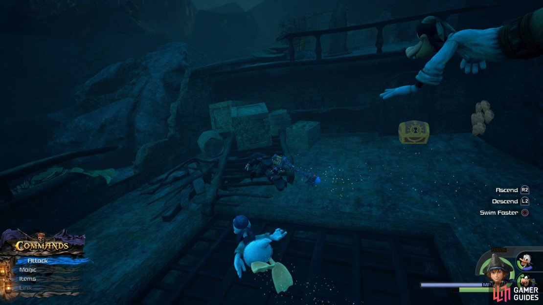 Follow the rocky wall to the right from where the ship&rsquo;s tail end is.