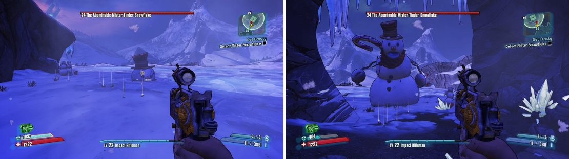 Snowflake is invincible when he&rsquo;s underground (left). The cave where you dropped into the arena (right) makes for a nice, safe haven.