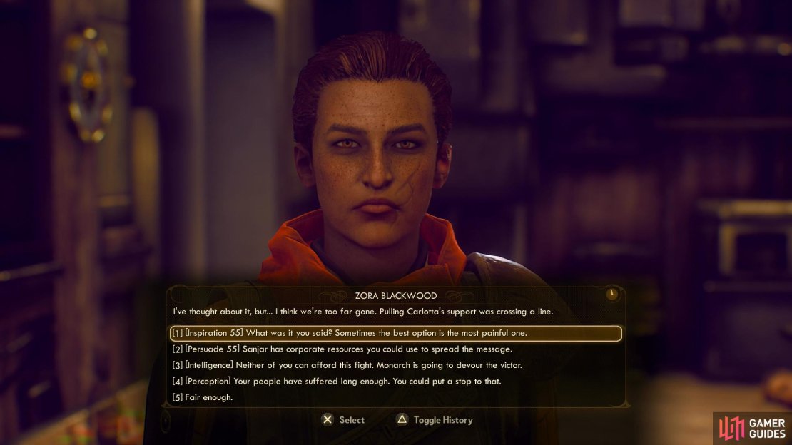 Convince Zora to lay down her hostility with MSI for the good of Monarch