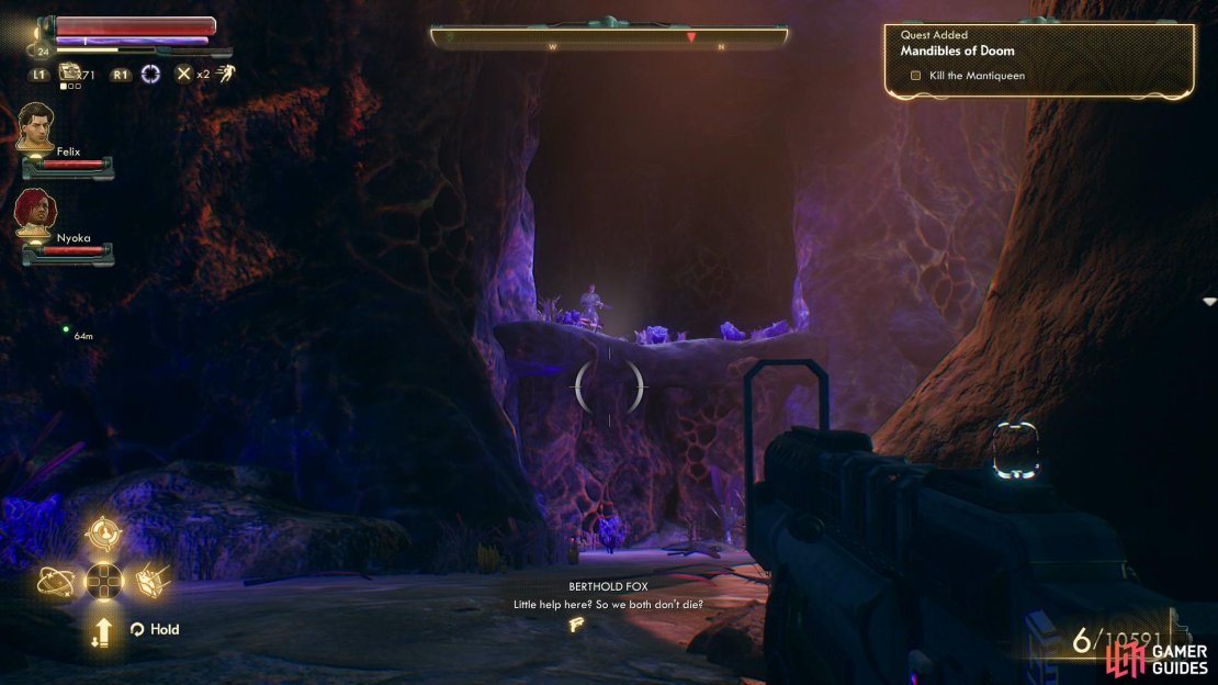 Sneak through the caves to find Berthold on a ledge.
