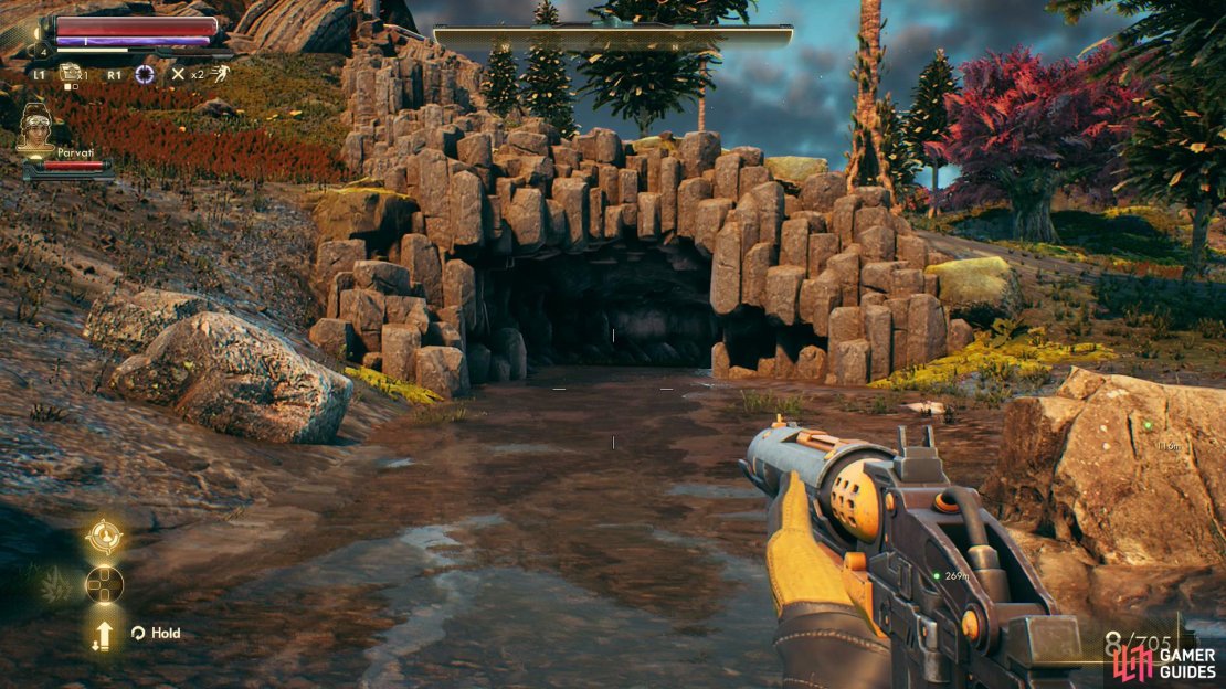 Follow the river to find a cave.
